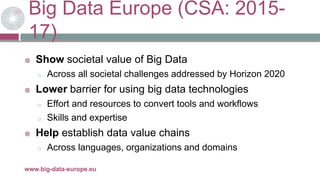 Big Data Europe (CSA: 2015-
17)
 Show societal value of Big Data
o Across all societal challenges addressed by Horizon 2020
 Lower barrier for using big data technologies
o Effort and resources to convert tools and workflows
o Skills and expertise
 Help establish data value chains
o Across languages, organizations and domains
29/11/2017www.big-data-europe.eu
 