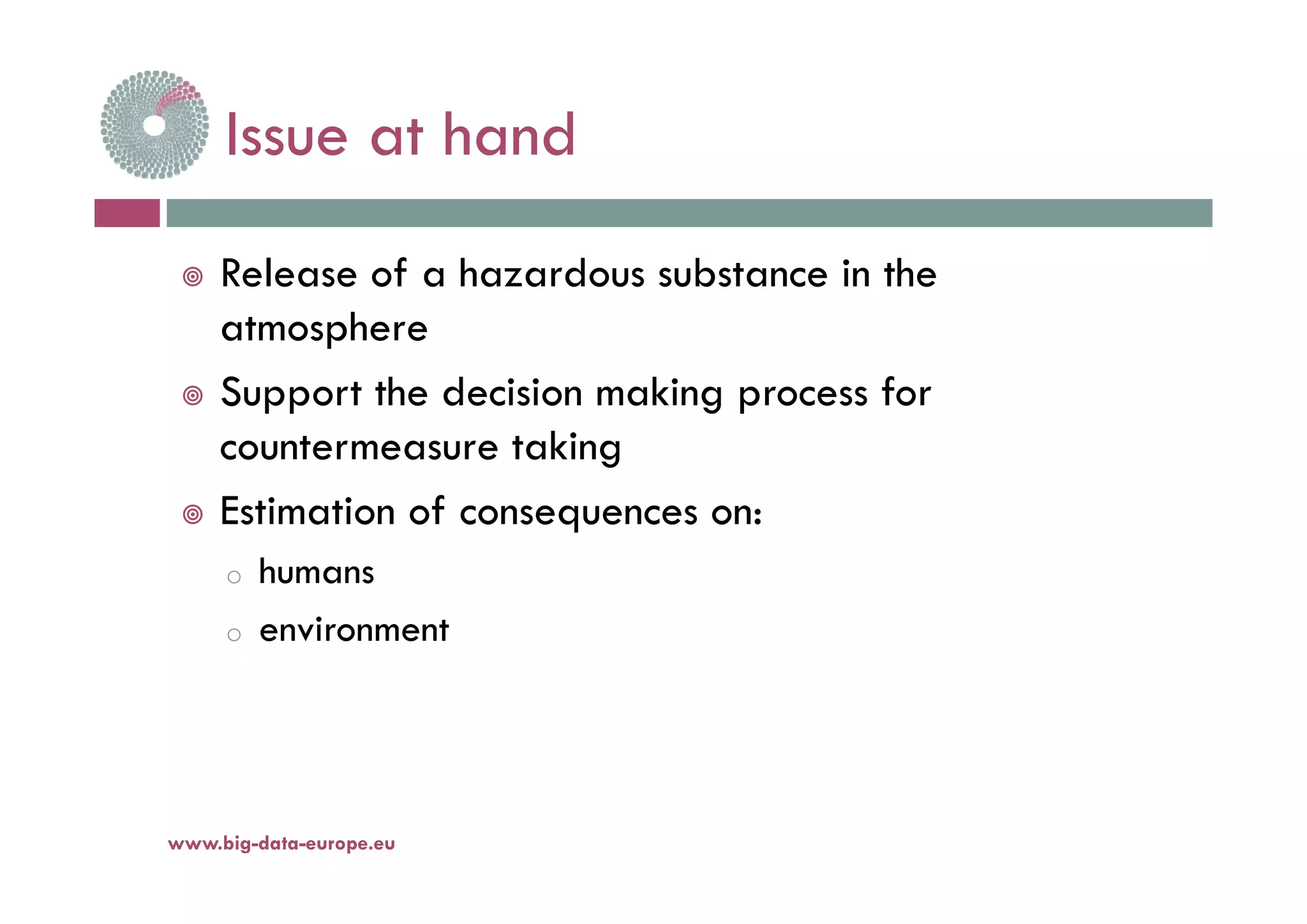 Issue at handIssue at hand
 Release of a hazardous substance in the
atmosphere
 Support the decision making process for
countermeasure takingg
 Estimation of consequences on:
h manso humans
o environment
www.big-data-europe.eu
 