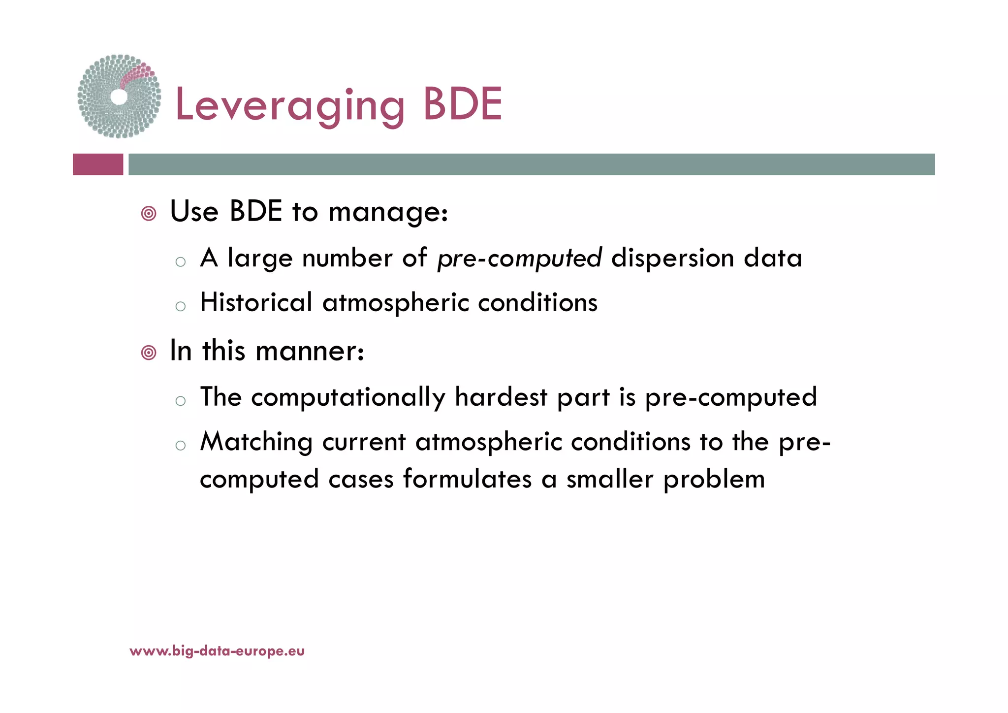 Leveraging BDELeveraging BDE
 Use BDE to manage:
o A large number of pre-computed dispersion data
o Historical atmospheric conditions
 In this manner: In this manner:
o The computationally hardest part is pre-computed
M t hi t t h i diti t tho Matching current atmospheric conditions to the pre-
computed cases formulates a smaller problem
www.big-data-europe.eu
 