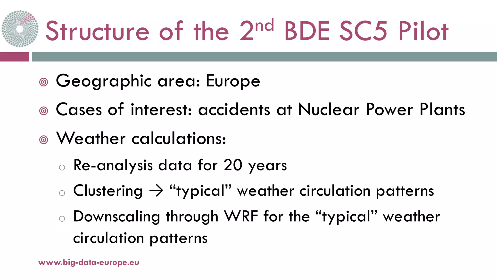Structure of the 2nd BDE SC5 Pilot
¥ Geographic area: Europe
¥ Cases of interest: accidents at Nuclear Power Plants
¥ Weather calculations:
o Re-analysis data for 20 years
o Clustering → “typical” weather circulation patterns
o Downscaling through WRF for the “typical” weather
circulation patterns
11-oct.-16www.big-data-europe.eu
 