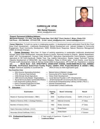 CURRICULUM VITAE
OF
Md. Kamal Hossain.
kamal_raisa@yahoo.com
....................................................,......................................................................................................
Present, Permanent & Mailing Address:
Md.Kamal Hossain. 17/1/ (KA), Tolar Bag, Pushpo Neer, Flat-3 (B)(2nd
Floor), Section-1, Mirpur, Dhaka-1216
Cell Phone : 018-7560-9944 , 01714-017748 . E-mail : kamal_raisa@yahoo.com, kamal.rodella@gmail.com
.........................................................................................................................................................................................
Career Objective: To build my carrier in challenging position in development sector particularly Food & Non Food
Value Chain development , Livelihoods Development, Market Development and relevant linkages to Community
Engagement, Rural Community Development, SIDR, ROANU-Quick Response, Natural Resource Management
( NRM ) & Climate Changes.
A. Career Summary: More then 15 Years of working experience in sustainable Livelihoods development
through Value Chain Development, Improved Access to Inputs, Improved Access to finance, Market Assessment,
AIGA, ICS, Co-management, Farmers Field School-FFS, Agriculture Intervention(On Farm-Fisheries, Livestock,
Agriculture & Off Farm-Handicraft, Pebble Toys, Cap making Intervention), Season based Technical Training,
Capacity Development of CBOs/CMC, Agri Inputs Retailers, Paikar & Whole seller, Small Grants, Local Service
Provider (LSP) development, Sales & Service Center-(SSC) & Aquaculture –IPF & IGF etc. Experience in working
with World Bank - DoF, DFID-FTEP-II, USAID-ATDP II-SSOQ, USAID-SQSP-World Fish, DANIDA-
RFLD-BC, EU-Practical Action-Food Facility Project, USAID’s IPAC Project-WorldFish & USAID’s CREL
Project. Extensive capability to coordinate the effort of many to meet organization goal.
Key Expertise Area:
--- IGA (Income Generating Activities) --- Market Actors & Market Linkage.
--- FFS. (Farmers Field School) --- Community & Pvt. Sector Engagement
--- CSA-Climate Smart Agriculture --- Value Chain Development
--- CBO (Community Based Organization) --- Local Service Provider ( LSP ) Development
- --- Rural Service & Sales Center(SSC/RSSC) --- Small Grants(LDF) & Community Dev.Fund(Grants)
--- ICS (Improved Cooking Stove ) --- Financial & Entrepreneurship Literacy Center ( FELC )
--- Vermi Compost Production & Uses. --- Women Empowerment.
--- Familiar about TVET System --- Conservation Linked Livelihoods.
B. Education :
Examination: Passing
Year:
Board / University: Result:
Masters of Business Administration ( MBA ) 2008 SouthEast University CGPA- 3.18 out of 4
Masters of Science ( M.Sc in Zoology-Fisheries.) 1997 National University 2nd
Class
Bachelor of Science ( B.Sc.) 1992 Dhaka University 2nd
Class
Higher Secondary Certificate ( H.S.C) 1989
Dhaka Board
2nd
Division
Secondary School Certificate ( S.S.C ) 1987
Dhaka Board
1st
Division
<
C:9. Professional Experience : ( Total Length of Experience : 15 years + )
Position : Livelihood Officer
1
 