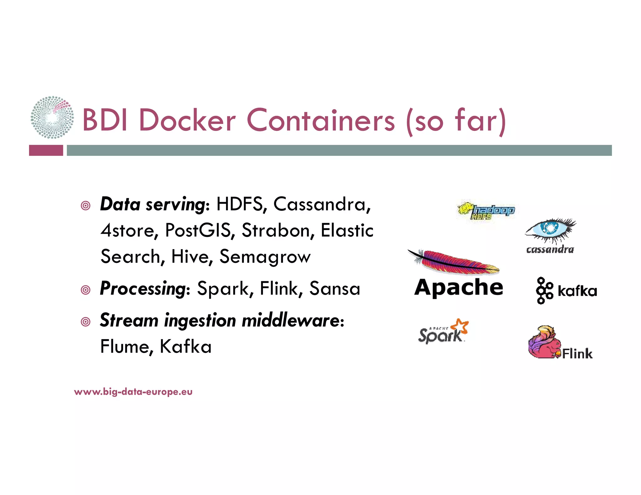 BDI Docker Containers (so far)
14-nov.-16www.big-data-europe.eu
Data serving: HDFS, Cassandra,
4store, PostGIS, Strabon, Elastic
Search, Hive, Semagrow
Processing: Spark, Flink, Sansa
Stream ingestion middleware:
Flume, Kafka
 