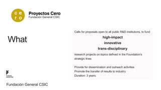 Fundación General CSIC




                                        Calls for proposals open to all public R&D institutions, to fund

                                                               high-impact
  What                                                           innovative
                                                           trans-disciplinary
                                        research projects on topics defined in the Foundation’s
                                        strategic lines


                                        Provide for dissemination and outreach activities
                                        Promote the transfer of results to industry
Fundación
General CSIC
                                        Duration: 3 years.


Fundación General CSIC
 
