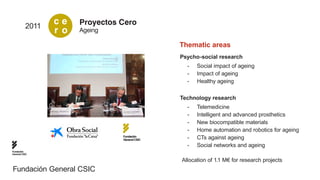 2011
                 ce    Proyectos Cero
                 r o   Ageing

                                                Thematic areas
                                                Psycho-social research
                                                  --   Social impact of ageing
                                                  --   Impact of ageing
                                                  --   Healthy ageing

                                                Technology research
                                                  --   Telemedicine
                                                  --   Intelligent and advanced prosthetics
                                                  --   New biocompatible materials
                                                  --   Home automation and robotics for ageing
                                 Fundación
                                 General CSIC     --   CTs against ageing
                                                  --   Social networks and ageing
Fundación
General CSIC

                                                Allocation of 1.1 M€ for research projects
Fundación General CSIC
 