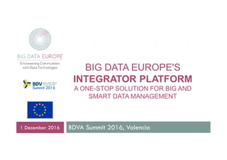 BIG DATA EUROPE'S
INTEGRATOR PLATFORM
A ONE-STOP SOLUTION FOR BIG AND
SMART DATA MANAGEMENT
BDVA Summit 2016, Valencia1 December 2016
Summit 2016
 