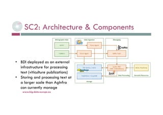 www.big-data-europe.eu
SC2: Architecture & Components
• BDI deployed as an external
infrastructure for processing
text (viticulture publications)
• Storing and processing text at
a larger scale than AgInfra
can currently manage
 