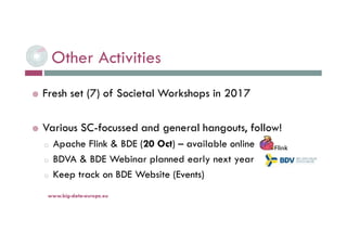 Other Activities
 Fresh set (7) of Societal Workshops in 2017
 Various SC-focussed and general hangouts, follow!
o Apache Flink & BDE (20 Oct) – available online
o BDVA & BDE Webinar planned early next year
o Keep track on BDE Website (Events)
6-déc.-16www.big-data-europe.eu
 