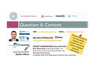 WEB: www.big-data-europe.eu EMAIL: info@big-data-europe.eu
BIG DATA INTEGRATOR
www.github.com/big-data-europe
PROJECT COORDINATION (Fraunhofer IAIS)
Prof. Sören Auer, auer © cs.uni-bonn · de
> Dr. Simon Scerri, scerri © cs.uni-bonn · de
EIS Department/Group,
Fraunhofer IAIS & CS Department Uni-Bonn, Bonn, Germany
Questions & Contacts
www.big-data-europe.eu
6-déc.-16
#BigDataEurope
leads the Fraunhofer
Big Data Alliance
 