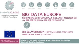 BIG DATA EUROPE
THE IMPORTANCE OF METADATA & BIG DATA IN OPEN SCIENCE
- WHERE ARE WE AND WHERE ARE WE GOING TO
3RD SC6 WORKSHOP 11 SEPTEMBER 2017, AMSTERDAM
IVANA ILIJASIC VERSIC (CESSDA ERIC)
Integrating Big Data, Software & Communities for Addressing
Europe’s Societal Challenges
                    
BDE SC6 Workshop
 