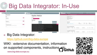 Big Data Integrator: In-Use
 Big Data Integrator:
https://github.com/big-data-europe
WIKI : extensive documentation, information
on supported components, instructions, etc.
22-mars-17www.big-data-europe.eu
 
