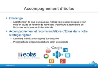 82
Accompagnement d’Eolas
> Challenge
– Appréhension de tous les nouveaux médias type réseaux sociaux et leur
mise en œuvre en fonction de notre cible (ingénieurs et techniciens de
l’industrie, environnement international)
> Accompagnement et recommandations d’Eolas dans notre
stratégie digitale
– Aide dans le choix des supports à promouvoir
– Préconisations et recommandations selon les supports
September 2015 OROS
 