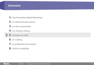 14
1. Nos formations Digital Marketing
2. Le référencement naturel
3. Les liens sponsorisés
4. Les réseaux sociaux
5. L’analyse du trafic
6. L’e-mailing
7. La production de contenus
8. Tarifs et modalités
Sommaire
15/12/2015 Catalogue des formations en digital marketing
 