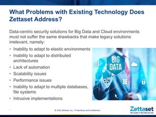 Data-centric security solutions for Big Data and Cloud environments
must not suffer the same drawbacks that make legacy solutions
irrelevant, namely:
4
What Problems with Existing Technology Does
Zettaset Address?
• Inability to adapt to elastic environments
• Inability to adapt to distributed
architectures
• Lack of automation
• Scalability issues
• Performance issues
• Inability to adapt to multiple databases,
file systems
• Intrusive implementations
© 2016 Zettaset, Inc. | Proprietary and Confidential
 