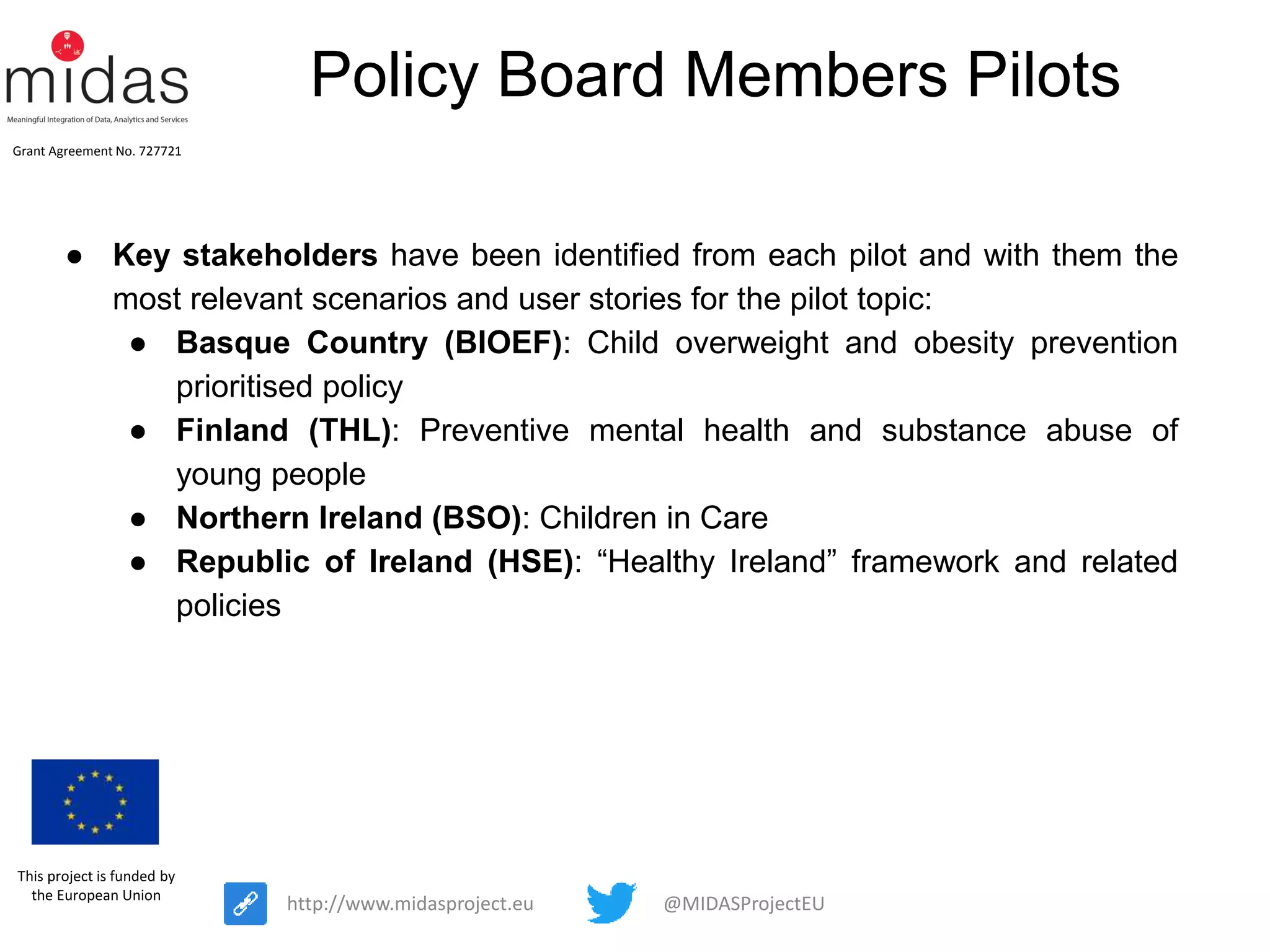@MIDASProjectEUhttp://www.midasproject.eu
Grant Agreement No. 727721
This project is funded by
the European Union
Policy Board Members Pilots
● Key stakeholders have been identified from each pilot and with them the
most relevant scenarios and user stories for the pilot topic:
● Basque Country (BIOEF): Child overweight and obesity prevention
prioritised policy
● Finland (THL): Preventive mental health and substance abuse of
young people
● Northern Ireland (BSO): Children in Care
● Republic of Ireland (HSE): “Healthy Ireland” framework and related
policies
 