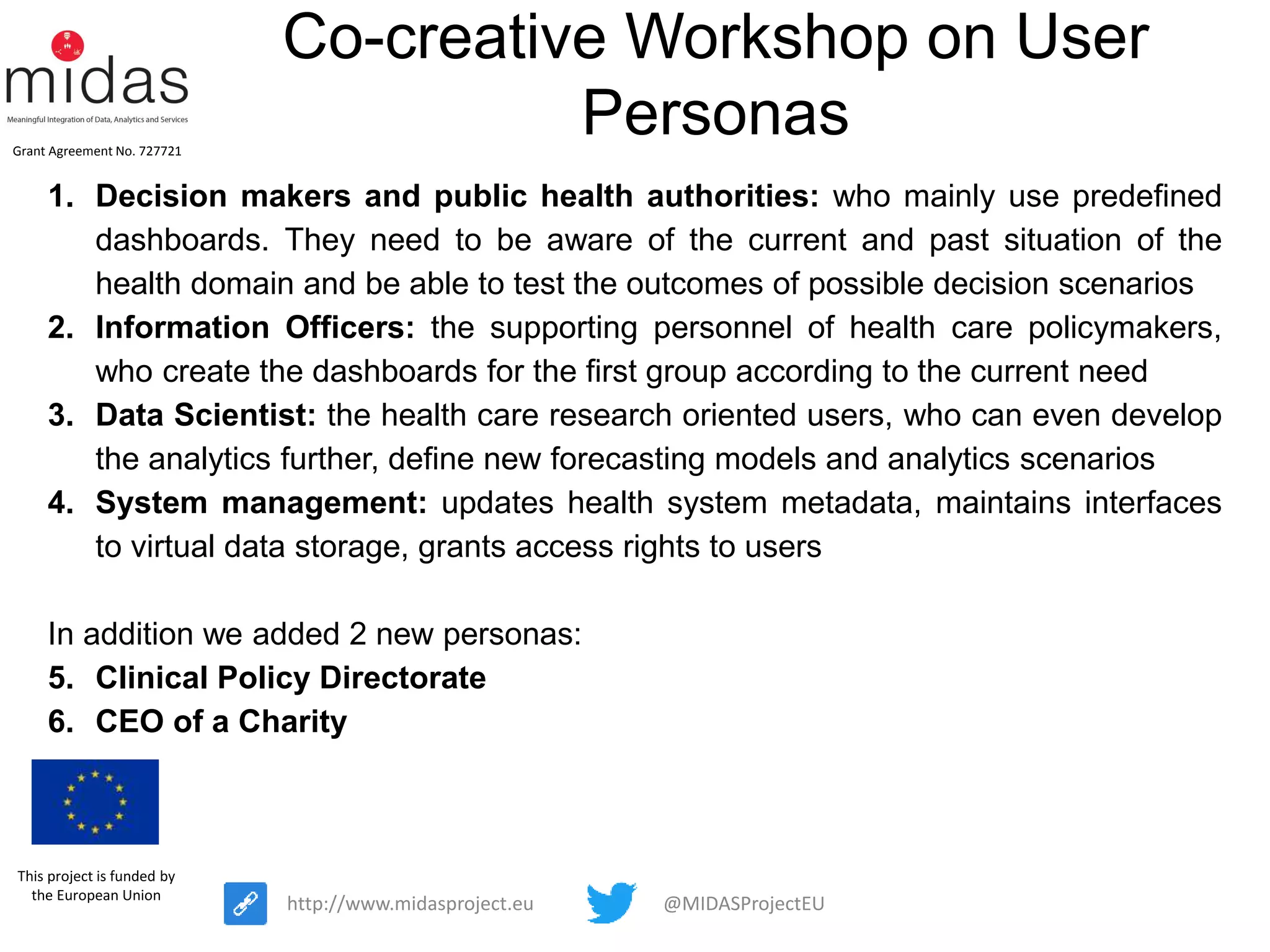 @MIDASProjectEUhttp://www.midasproject.eu
Grant Agreement No. 727721
This project is funded by
the European Union
Co-creative Workshop on User
Personas
1. Decision makers and public health authorities: who mainly use predefined
dashboards. They need to be aware of the current and past situation of the
health domain and be able to test the outcomes of possible decision scenarios
2. Information Officers: the supporting personnel of health care policymakers,
who create the dashboards for the first group according to the current need
3. Data Scientist: the health care research oriented users, who can even develop
the analytics further, define new forecasting models and analytics scenarios
4. System management: updates health system metadata, maintains interfaces
to virtual data storage, grants access rights to users
In addition we added 2 new personas:
5. Clinical Policy Directorate
6. CEO of a Charity
 