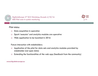BigDataEurope 2nd SC3 Workshop, Brussels 4/10/16
BDE Pilot case in system monitoring p.19
4-oct.-16
www.big-data-europe.eu
Pilot status
◎ Data acquisition in operation
◎ Spark ‘executor’ and analytics modules are operative
◎ Web application to be launched in 2016
Future interaction with stakeholders:
◎ Application of the pilot for data sets and analytics modules provided by
stakeholder (not open data)
◎ Extending the functionalities of the web app (feedback from the community)
 