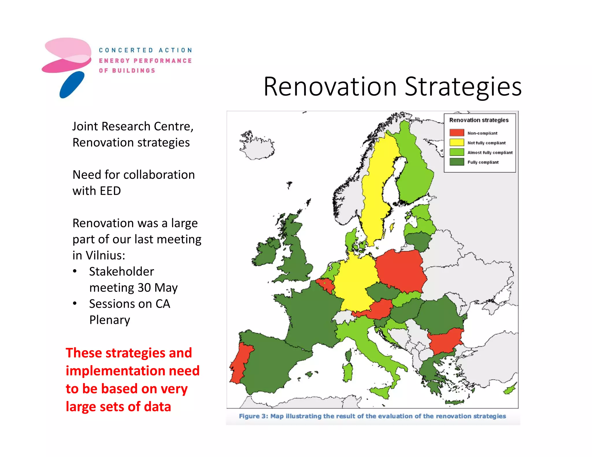 Renovation Strategies
Joint Research Centre,
Renovation strategies
Need for collaboration
with EED
Renovation was a large
part of our last meeting
in Vilnius:
• Stakeholder
meeting 30 May
• Sessions on CA
Plenary
These strategies and
implementation need
to be based on very
large sets of data
 