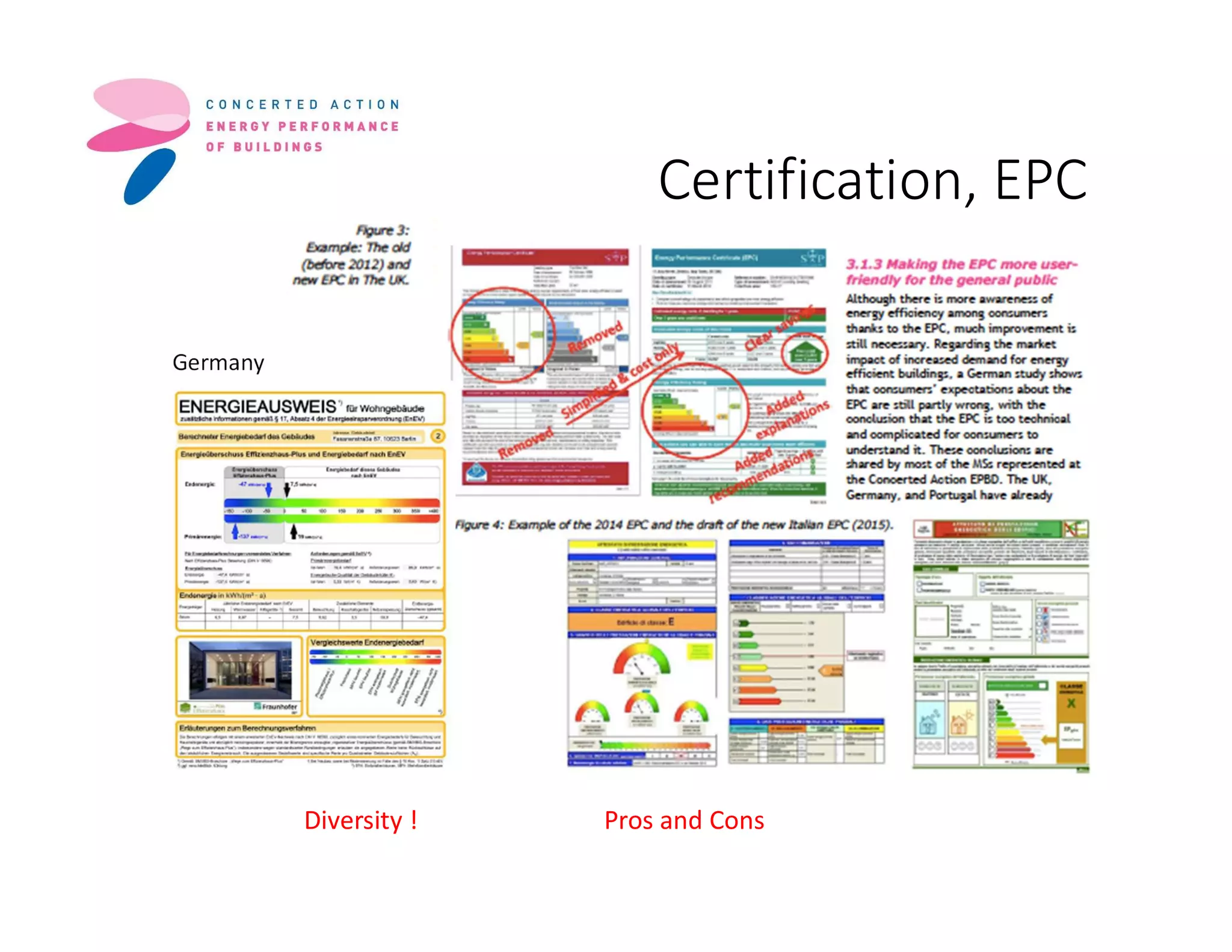 Certification, EPC
Germany
Diversity ! Pros and Cons
 