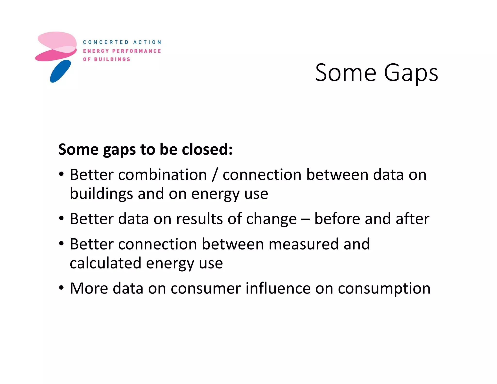 Some Gaps
Some gaps to be closed:
• Better combination / connection between data on
buildings and on energy use
• Better data on results of change – before and after
• Better connection between measured and
calculated energy use
• More data on consumer influence on consumption
 