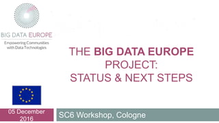 THE BIG DATA EUROPE
PROJECT:
STATUS & NEXT STEPS
SC6 Workshop, Cologne
05 December
2016
 