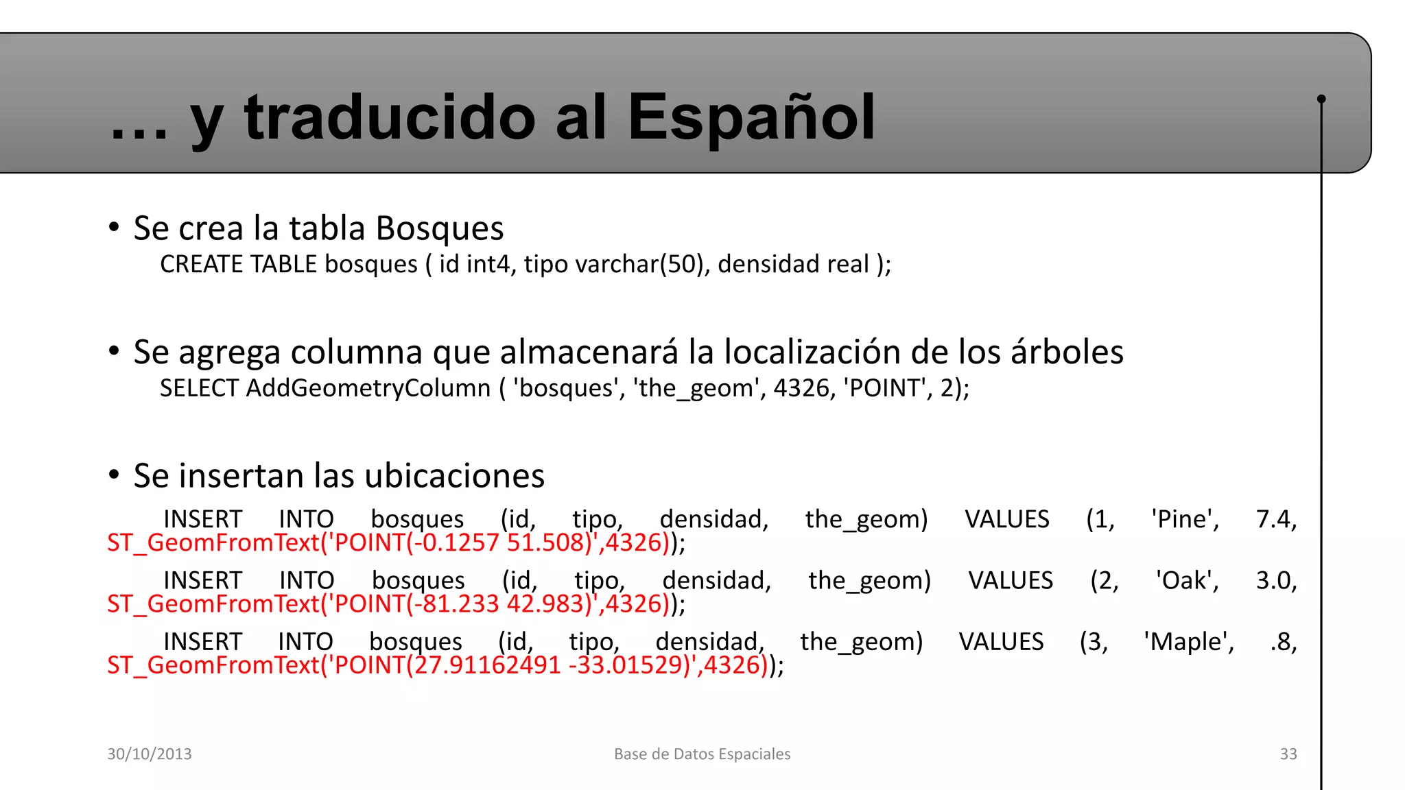… y traducido al Español
• Se crea la tabla Bosques
CREATE TABLE bosques ( id int4, tipo varchar(50), densidad real );

• Se agrega columna que almacenará la localización de los árboles
SELECT AddGeometryColumn ( 'bosques', 'the_geom', 4326, 'POINT', 2);

• Se insertan las ubicaciones
INSERT INTO bosques (id, tipo, densidad, the_geom) VALUES (1, 'Pine', 7.4,
ST_GeomFromText('POINT(-0.1257 51.508)',4326));
INSERT INTO bosques (id, tipo, densidad, the_geom) VALUES (2, 'Oak', 3.0,
ST_GeomFromText('POINT(-81.233 42.983)',4326));
INSERT INTO bosques (id, tipo, densidad, the_geom) VALUES (3, 'Maple', .8,
ST_GeomFromText('POINT(27.91162491 -33.01529)',4326));
30/10/2013

Base de Datos Espaciales

33

 