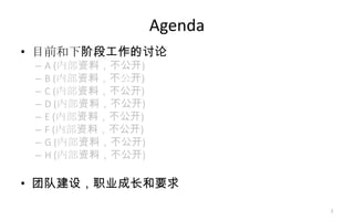 Agenda
• 目前和下阶段工作的讨论
– A (内部资料，不公开)
– B (内部资料，不公开)
– C (内部资料，不公开)
– D (内部资料，不公开)
– E (内部资料，不公开)
– F (内部资料，不公开)
– G (内部资料，不公开)
– H (内部资料，不公开)
• 团队建设，职业成长和要求
2
 