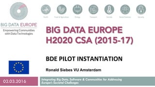 BIG DATA EUROPE
H2020 CSA (2015-17)
BDE	PILOT	INSTANTIATION
Ronald Siebes VU Amsterdam
Integrating Big Data, Software & Communities for Addressing
Europe’s Societal Challenges02.03.2016
 