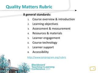 6
8 general standards:
1. Course overview & introduction
2. Learning objectives
3. Assessment & measurement
4. Resources & materials
5. Learner engagement
6. Course technology
7. Learner support
8. Accessibility
Quality Matters Rubric
http://www.qmprogram.org/rubric
 
