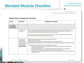 7
A. Course Overview & Introduction
 Statement of purpose; objectives; orientation
B. Course Design
 Course structure, usability, guidance & support
C. Presentation of Resources
 Layout, format, instructions
D. Site Interaction
 Communication channels, standards for participation
Blended Module Checklist
Online interactive
version of the checklist
 