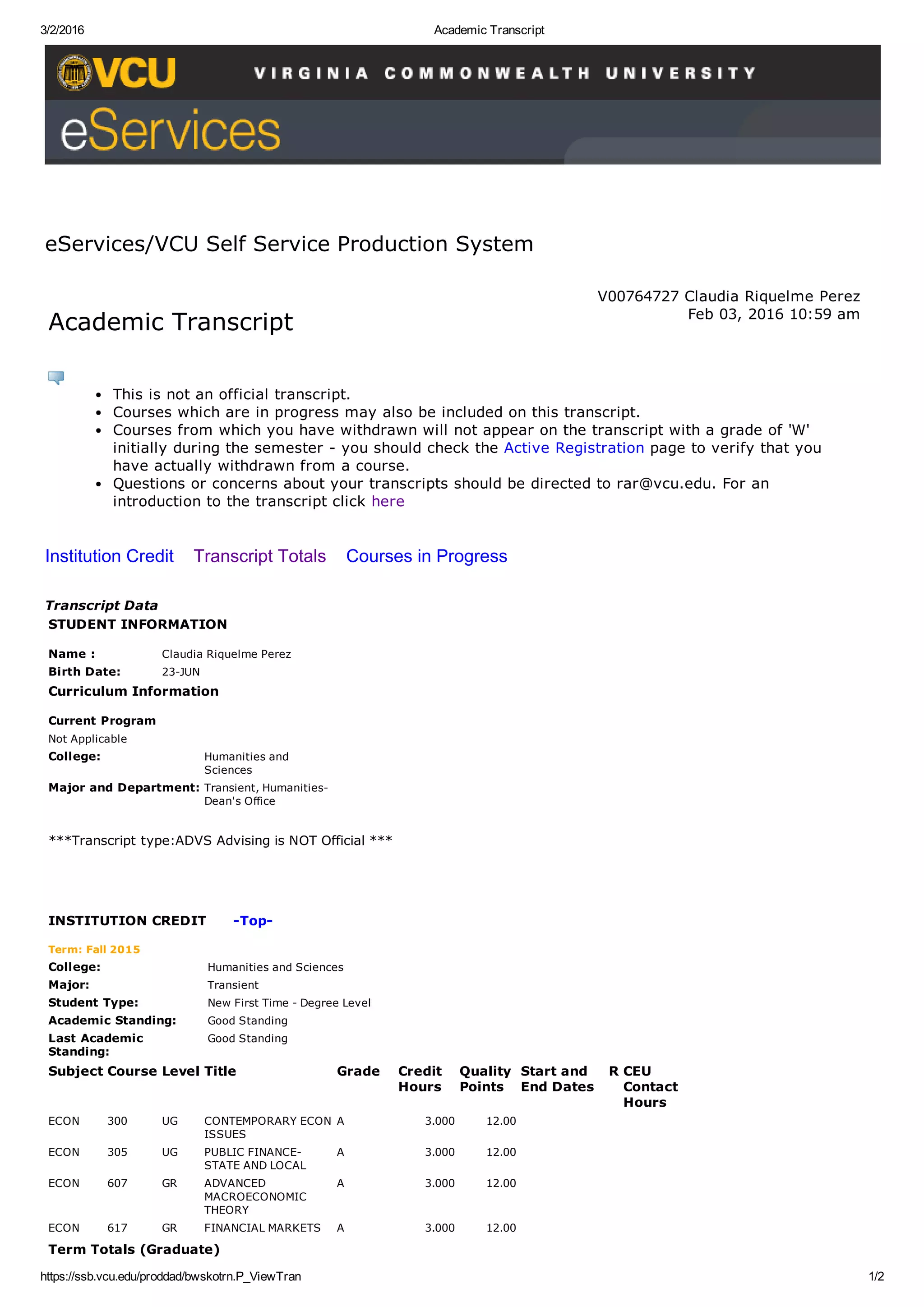 Academic Transcript VCU PDF