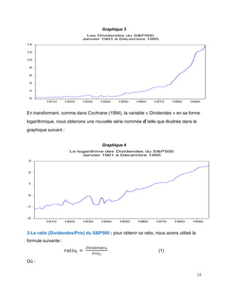 15
Graphique 3
0
2
4
6
8
10
12
14
1910 1920 1930 1940 1950 1960 1970 1980 1990
Les Dividendes du S&P500
Janvier 1901 à Décembre 1995
En transformant, comme dans Cochrane (1994), la variable « Dividendes » en sa forme
logarithmique, nous obtenons une nouvelle série nommée 𝒅 telle que illustrée dans le
graphique suivant :
Graphique 4
-2
-1
0
1
2
3
1910 1920 1930 1940 1950 1960 1970 1980 1990
Le logarithme des Dividendes du S&P500
Janvier 1901 à Décembre 1995
3-Le ratio (Dividendes/Prix) du S&P500 : pour obtenir ce ratio, nous avons utilisé la
formule suivante :
𝑟𝑎𝑡𝑖𝑜𝑡 =
𝐷𝑖𝑣𝑖𝑑𝑒𝑛𝑑𝑒𝑠 𝑡
𝑃𝑟𝑖𝑥 𝑡
(1)
Où :
 