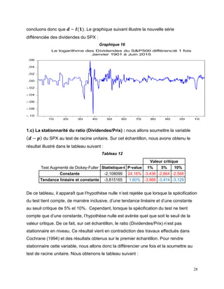 28
concluons donc que 𝒅 ~ 𝑰(𝟏). Le graphique suivant illustre la nouvelle série
différenciée des dividendes du SPX :
Graphique 16
-.10
-.08
-.06
-.04
-.02
.00
.02
.04
.06
10 20 30 40 50 60 70 80 90 00 10
Le logarithme des Dividendes du S&P500 différencié 1 fois
Janvier 1901 à Juin 2015
1.c) La stationnarité du ratio (Dividendes/Prix) : nous allons soumettre la variable
( 𝒅 − 𝒑) du SPX au test de racine unitaire. Sur cet échantillon, nous avons obtenu le
résultat illustré dans le tableau suivant :
Tableau 12
Valeur critique
Test Augmenté de Dickey-Fuller Statistique-t P-value 1% 5% 10%
Constante -2,108099 24,16% -3,436 -2,864 -2,568
Tendance linéaire et constante -3,815165 1,60% -3,966 -3,414 -3,129
De ce tableau, il apparaît que l’hypothèse nulle n’est rejetée que lorsque la spécification
du test tient compte, de manière inclusive, d’une tendance linéaire et d’une constante
au seuil critique de 5% et 10%. Cependant, lorsque la spécification du test ne tient
compte que d’une constante, l’hypothèse nulle est avérée quel que soit le seuil de la
valeur critique. De ce fait, sur cet échantillon, le ratio (Dividendes/Prix) n’est pas
stationnaire en niveau. Ce résultat vient en contradiction des travaux effectués dans
Cochrane (1994) et des résultats obtenus sur le premier échantillon. Pour rendre
stationnaire cette variable, nous allons donc la différencier une fois et la soumettre au
test de racine unitaire. Nous obtenons le tableau suivant :
 