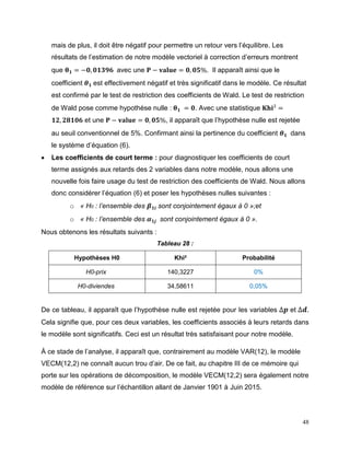 48
mais de plus, il doit être négatif pour permettre un retour vers l’équilibre. Les
résultats de l’estimation de notre modèle vectoriel à correction d’erreurs montrent
que 𝛉 𝟏 = −𝟎, 𝟎𝟏𝟑𝟗𝟔 avec une 𝐏 − 𝐯𝐚𝐥𝐮𝐞 = 𝟎, 𝟎𝟓%. Il apparaît ainsi que le
coefficient 𝜽 𝟏 est effectivement négatif et très significatif dans le modèle. Ce résultat
est confirmé par le test de restriction des coefficients de Wald. Le test de restriction
de Wald pose comme hypothèse nulle : 𝛉 𝟏 = 𝟎. Avec une statistique 𝐊𝐡𝐢² =
𝟏𝟐, 𝟐𝟖𝟏𝟎𝟔 et une 𝐏 − 𝐯𝐚𝐥𝐮𝐞 = 𝟎, 𝟎𝟓%, il apparaît que l’hypothèse nulle est rejetée
au seuil conventionnel de 5%. Confirmant ainsi la pertinence du coefficient 𝜽 𝟏 dans
le système d’équation (6).
 Les coefficients de court terme : pour diagnostiquer les coefficients de court
terme assignés aux retards des 2 variables dans notre modèle, nous allons une
nouvelle fois faire usage du test de restriction des coefficients de Wald. Nous allons
donc considérer l’équation (6) et poser les hypothèses nulles suivantes :
o « H0 : l’ensemble des 𝜷 𝟏𝒊 sont conjointement égaux à 0 »;et
o « H0 : l’ensemble des 𝜶 𝟏𝒋 sont conjointement égaux à 0 ».
Nous obtenons les résultats suivants :
Tableau 28 :
Hypothèses H0 Khi² Probabilité
H0-prix 140,3227 0%
H0-diviendes 34,58611 0,05%
De ce tableau, il apparaît que l’hypothèse nulle est rejetée pour les variables ∆𝒑 et ∆𝒅.
Cela signifie que, pour ces deux variables, les coefficients associés à leurs retards dans
le modèle sont significatifs. Ceci est un résultat très satisfaisant pour notre modèle.
À ce stade de l’analyse, il apparaît que, contrairement au modèle VAR(12), le modèle
VECM(12,2) ne connaît aucun trou d’air. De ce fait, au chapitre III de ce mémoire qui
porte sur les opérations de décomposition, le modèle VECM(12,2) sera également notre
modèle de référence sur l’échantillon allant de Janvier 1901 à Juin 2015.
 