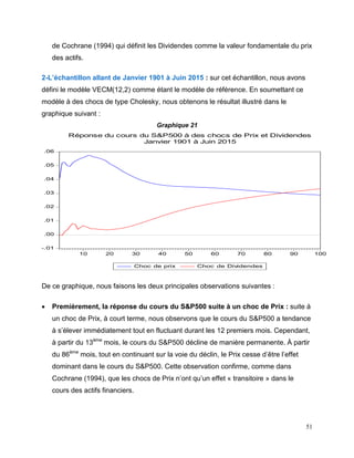 51
de Cochrane (1994) qui définit les Dividendes comme la valeur fondamentale du prix
des actifs.
2-L’échantillon allant de Janvier 1901 à Juin 2015 : sur cet échantillon, nous avons
défini le modèle VECM(12,2) comme étant le modèle de référence. En soumettant ce
modèle à des chocs de type Cholesky, nous obtenons le résultat illustré dans le
graphique suivant :
Graphique 21
-.01
.00
.01
.02
.03
.04
.05
.06
10 20 30 40 50 60 70 80 90 100
Choc de prix Choc de Dividendes
Réponse du cours du S&P500 à des chocs de Prix et Dividendes
Janvier 1901 à Juin 2015
De ce graphique, nous faisons les deux principales observations suivantes :
 Premièrement, la réponse du cours du S&P500 suite à un choc de Prix : suite à
un choc de Prix, à court terme, nous observons que le cours du S&P500 a tendance
à s’élever immédiatement tout en fluctuant durant les 12 premiers mois. Cependant,
à partir du 13ème
mois, le cours du S&P500 décline de manière permanente. À partir
du 86ème
mois, tout en continuant sur la voie du déclin, le Prix cesse d’être l’effet
dominant dans le cours du S&P500. Cette observation confirme, comme dans
Cochrane (1994), que les chocs de Prix n’ont qu’un effet « transitoire » dans le
cours des actifs financiers.
 