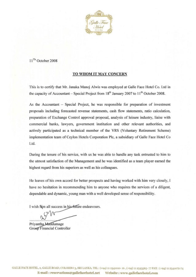 galle face hotel project accountant service letter service letter