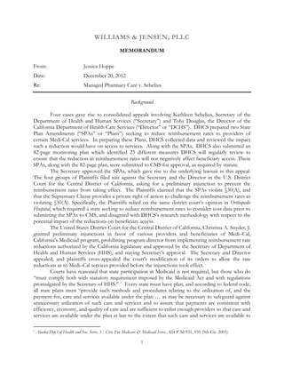 1
WILLIAMS & JENSEN, PLLC
MEMORANDUM
From: Jessica Hoppe
Date: December 20, 2012
Re: Managed Pharmacy Care v. Sebelius
Background
Four cases gave rise to consolidated appeals involving Kathleen Sebelius, Secretary of the
Department of Health and Human Services (“Secretary”) and Toby Douglas, the Director of the
California Department of Health Care Services (“Director” or “DCHS”). DHCS prepared two State
Plan Amendments (“SPAs” or “Plans”) seeking to reduce reimbursement rates to providers of
certain Medi-Cal services. In preparing these Plans, DHCS collected data and reviewed the impact
such a reduction would have on access to services. Along with the SPAs, DHCS also submitted an
82-page monitoring plan which identified 23 different measures DHCS will regularly review to
ensure that the reduction in reimbursement rates will not negatively affect beneficiary access. These
SPAs, along with the 82-page plan, were submitted to CMS for approval, as required by statute.
The Secretary approved the SPAs, which gave rise to the underlying lawsuit in this appeal.
The four groups of Plaintiffs filed suit against the Secretary and the Director in the U.S. District
Court for the Central District of California, asking for a preliminary injunction to prevent the
reimbursement rates from taking effect. The Plaintiffs claimed that the SPAs violate §30(A), and
that the Supremacy Clause provides a private right of action to challenge the reimbursement rates as
violating §30(A). Specifically, the Plaintiffs relied on the same district court’s opinion in Orthopedic
Hospital, which required a state seeking to reduce reimbursement rates to consider cost data prior to
submitting the SPAs to CMS, and disagreed with DHCS’s research methodology with respect to the
potential impact of the reductions on beneficiary access.
The United States District Court for the Central District of California, Christina A. Snyder, J.
granted preliminary injunctions in favor of various providers and beneficiaries of Medi–Cal,
California's Medicaid program, prohibiting program director from implementing reimbursement rate
reductions authorized by the California legislature and approved by the Secretary of Department of
Health and Human Services (HHS), and staying Secretary's approval. The Secretary and Director
appealed, and plaintiffs cross-appealed the court's modification of its orders to allow the rate
reductions as to Medi–Cal services provided before the injunctions took effect.
Courts have reasoned that state participation in Medicaid is not required, but those who do
“must comply both with statutory requirement imposed by the Medicaid Act and with regulations
promulgated by the Secretary of HHS.” 1
Every state must have plan, and according to federal code,
all state plans must “provide such methods and procedures relating to the utilization of, and the
payment for, care and services available under the plan … as may be necessary to safeguard against
unnecessary utilization of such care and services and to assure that payments are consistent with
efficiency, economy, and quality of care and are sufficient to enlist enough providers so that care and
services are available under the plan at last to the extent that such care and services are available to
1 Alaska Dep’t of Health and Soc. Servs. V. Ctrs. For Medicare & Medicaid Servs., 424 F.3d 931, 935 (9th Cir. 2005).
 