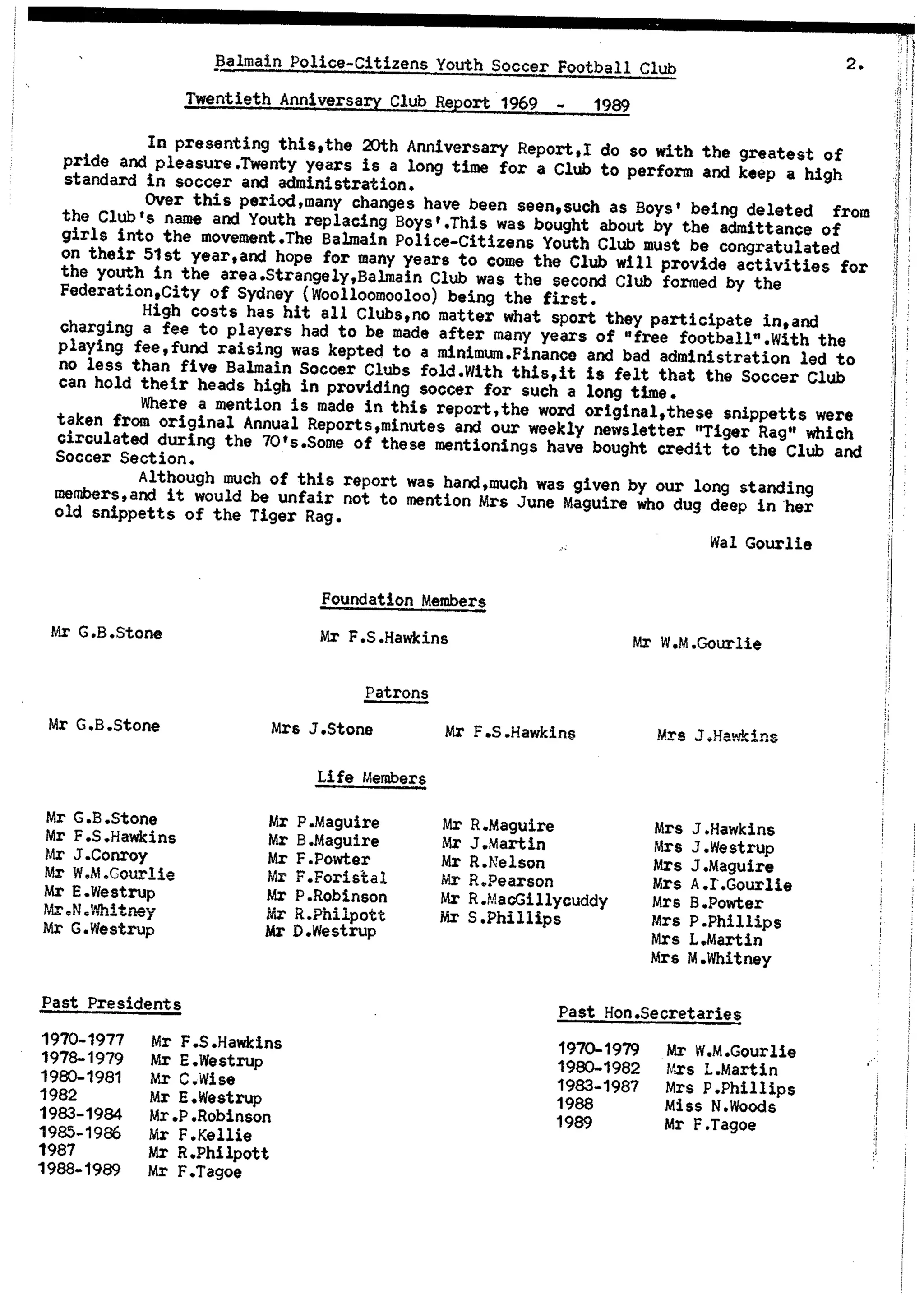 Balmain & Distric Football Club 20year history