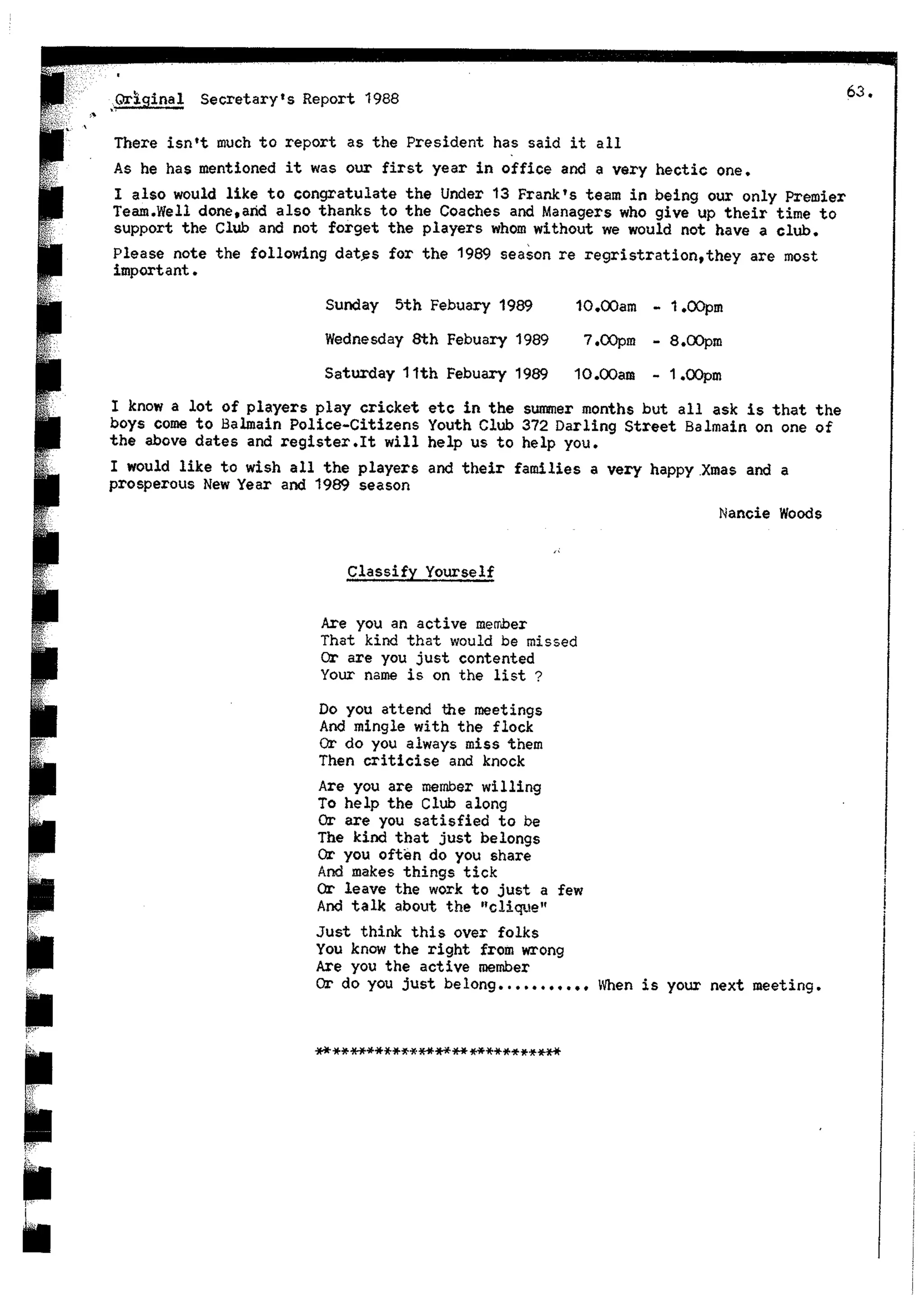 Balmain & Distric Football Club 20year history