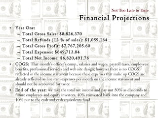 Year One: Total Gross Sales: $8,826,370 Total Refunds (12 % of sales): $1,059,164 Total Gross Profit: $7,767,205.60 Total Expenses: $649,713.84 Total Net Income: $6,820,491.76 COGS:  That month’s officer’s comp., salaries and wages, payroll taxes, employees benefits, professional services and web site design; however there is no COGS reflected in the income statement because these expenses that make up COGS are already reflected as line item expenses per month on the income statement and should not be accounted for twice End of the year:  we take the total net income and pay out 50% as dividends to future employees and equity investors, 40% reinvested back into the company and 10% put to the cash and cash equivalents fund Not Too Late to Date  Financial Projections 