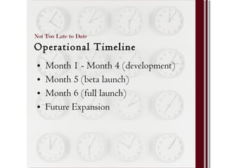 Month 1 - Month 4 (development) Month 5 (beta launch) Month 6 (full launch) Future Expansion Not Too Late to Date  Operational Timeline 