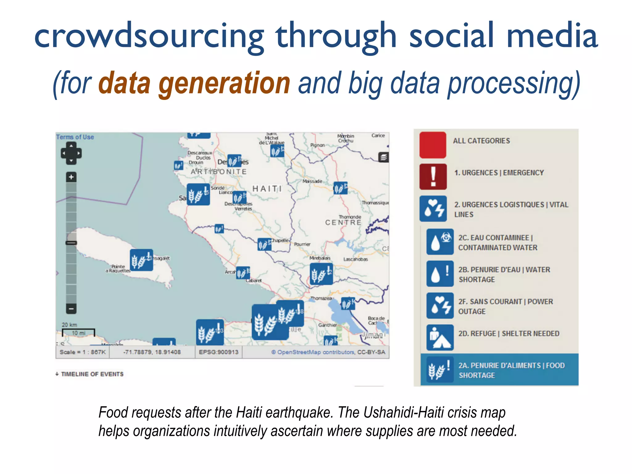  

crowdsourcing through social media
(for data generation and big data processing)
Food requests after the Haiti earthquake. The Ushahidi-Haiti crisis map
helps organizations intuitively ascertain where supplies are most needed.
 