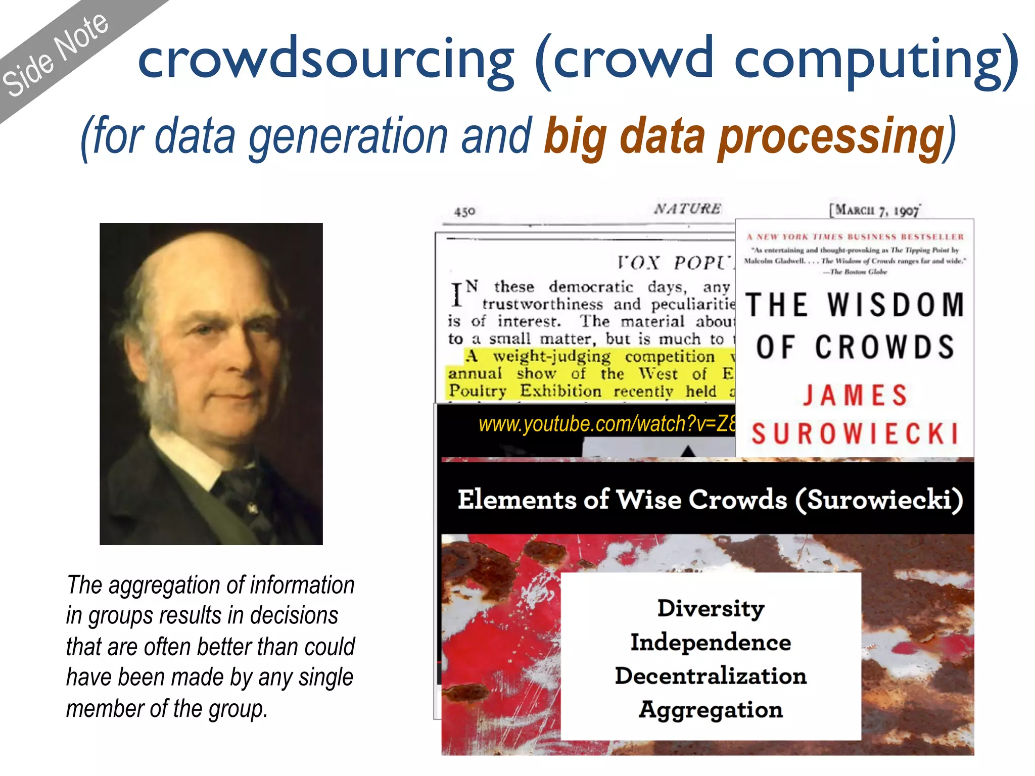  

crowdsourcing (crowd computing)
(for data generation and big data processing)
www.youtube.com/watch?v=Z82B1zsvyZU
The aggregation of information
in groups results in decisions
that are often better than could
have been made by any single
member of the group.
 