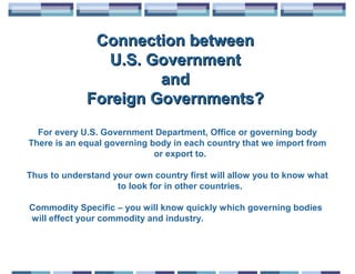 Connection between
                U.S. Government
                      and
             Foreign Governments?
  For every U.S. Government Department, Office or governing body
There is an equal governing body in each country that we import from
                             or export to.

Thus to understand your own country first will allow you to know what
                    to look for in other countries.

Commodity Specific – you will know quickly which governing bodies
will effect your commodity and industry.
 