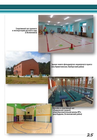 25
Бассейн и спортивный зал
«Кудровской средней
общеобразовательной школы №1»
(дер.Кудрово, Всеволожский район)
Спортивный зал сданного
в эксплуатацию детского сада
(г.Всеволожск)
Здание нового фельдшерско-акушерского пункта
(пос.Приветнинское, Выборгский район)
 
