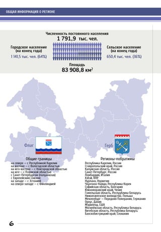 1 791,9 тыс. чел.
1 141,5 тыс. чел. (64%)
Городское население
(на конец года)
650,4 тыс. чел. (36%)
Сельское население
(на конец года)
Площадь
83 908,8 км2
Общие границы
на севере — с Республикой Карелия
на востоке — с Вологодской областью
на юго-востоке — с Новгородской областью
на юге — с Псковской областью
с Санкт-Петербургом (полуанклав)
с Европейским союзом:
на западе — с Эстонией
на северо-западе — с Финляндией
Численность постоянного населения
Регионы-побратимы
Республика Карелия, Россия
Ставропольский край, Россия
Калужская область, Россия
Санкт-Петербург, Россия
Ломбардия, Италия
Хэбэй, КНР
Нурланн, Норвегия
Чхунчхон-Намдо, Республика Корея
Софийская область, Болгария
Южноморавский край, Чехия
Гомельская область, Респуублика Беларусь
Нижнесилезское воеводство, Польша
Мекленбург — Передняя Померания, Германия
Орхус, Дания
Мэриленд, США
Могилёвская область, Республика Беларусь
Витебская область, Республика Беларусь
Банскобистрицкий край, Словакия
ОБЩАЯ ИНФОРМАЦИЯ О РЕГИОНЕ
ГербФлаг
6
 