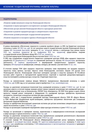 «Развитие профессионального искусства Ленинградской области»
«Сохранение и охрана культурного и исторического наследия в Ленинградской области»
«Обеспечение доступа жителей Ленинградской области к культурным ценностям»
«Сохранение и развитие народной культуры и самодеятельного творчества»
«Обеспечение условий реализации государственной программы»
«Развитие внутреннего и въездного туризма в Ленинградской области»
ПОДПРОГРАММЫ
В рамках мероприятия «Обеспечение сохранности и развития музейного фонда» за 2016 год бюджетные назначения
исполнены в сумме 422 143,1 тыс. руб. За счет указанных средств государственными музеями Ленинградской области
созданы 665 экспозиций (выставок), проведены 111 тыс. экскурсий, внесены в электронную базу данных музеев
170,5 тыс. музейных предметов (в т.ч. оцифрованы 42,8 тыс. предметов), предоставлены сведения
в государственный каталог Музейного фонда РФ о 17,97 тыс. предметах.
За отчетный период музеи Ленинградской области посетили более 1 225,9 тыс. чел.
В 2016 году сотрудниками государственного бюджетного учреждения культуры (ГБУК) «Дом народного творчества»
разработаны 212 документов и 7 методик по направлению деятельности, оказаны 104 консультации, организована
деятельность 22 клубных формирований и формирований самодеятельного народного творчества,
проведены 204 мероприятия (конференции, семинары, конкурсы, фестивали) с участием более 35 тыс. чел.
В отчетном периоде ГБУК «Дом народного творчества» проведены такие мероприятия, как праздник народного
творчества «Связь времен», выставка «Красота земли Ленинградской», изготовлен сборник «50 русских песен
Ленинградской области». Ленинградским областным колледжем культуры и искусства проведена XV Российская
выставка работ студентов и преподавателей художественных отделений и отделений декоративно-прикладного
искусства колледжей и училищ культуры и искусства «Территория творчества».
Расходы на комплектование книжных фондов библиотек муниципальных образований исполнены в сумме
5 032,0 тыс. руб. В 2016 году за счет указанных средств приобретены 37 тыс. экземпляров книг.
Расходы на укрепление материально-технической базы учреждений исполнены в сумме 17 604,0 тыс. руб. За счет
указанных средств в отчетном периоде проведен ремонт охраны пожарной сигнализации трех учреждений культуры -
ЛОГБУК «Драматический театр на Васильевском», ЛОГБУК Театр «Комедианты», ЛО ГБУК Театр драмы и кукол «Святая
крепость», текущий ремонт помещений и оборудования 4-х учреждений культуры, приобретены музыкальные
инструменты, сценические и концертные костюмы для двух учреждений.
Созданы сайты для 2 государственных учреждений культуры Ленинградской области: ГБУК ЛО «Дорога Жизни»
и ГБУК «Выборгский объединенный музей-заповедник», приобретено программное обеспечение для Сланцевской
Центральной городской библиотеки.
Расходы на приобретение (изготовление) сценических костюмов для детских коллективов самодеятельного народного
творчества исполнены в сумме 3 374,0 тыс. руб.
Расходы на организацию и проведение мероприятий в сфере культуры исполнены в сумме 4 011,5 тыс. руб.
Расходы на организацию и проведение научных, маркетинговых и информационно-статистических исследований
в сфере культуры и туризма исполнены в сумме 1 956,1 тыс. руб.
Расходы на укрепление материально-технической базы муниципальных учреждений дополнительного образования
детей в сфере культуры и искусства исполнены в сумме 3 935,4 тыс. руб.
В отчетном периоде ГБУ Ленинградской области «Информационно-туристский центр» проведены мероприятия
по созданию 11 экспозиций (выставок), оказаны 105 туристско-информационных услуг, проведены 8 инфо-туров
и 2 пресс-тура, разработаны и изготовлены 3 500 информационных и презентационных материалов о турпродукте
и туристских ресурсах.
ОСНОВНЫЕ ИТОГИ РЕАЛИЗАЦИИ ПРОГРАММЫ
ИСПОЛНЕНИЕ ГОСУДАРСТВЕННОЙ ПРОГРАММЫ «РАЗВИТИЕ КУЛЬТУРЫ»
78
 