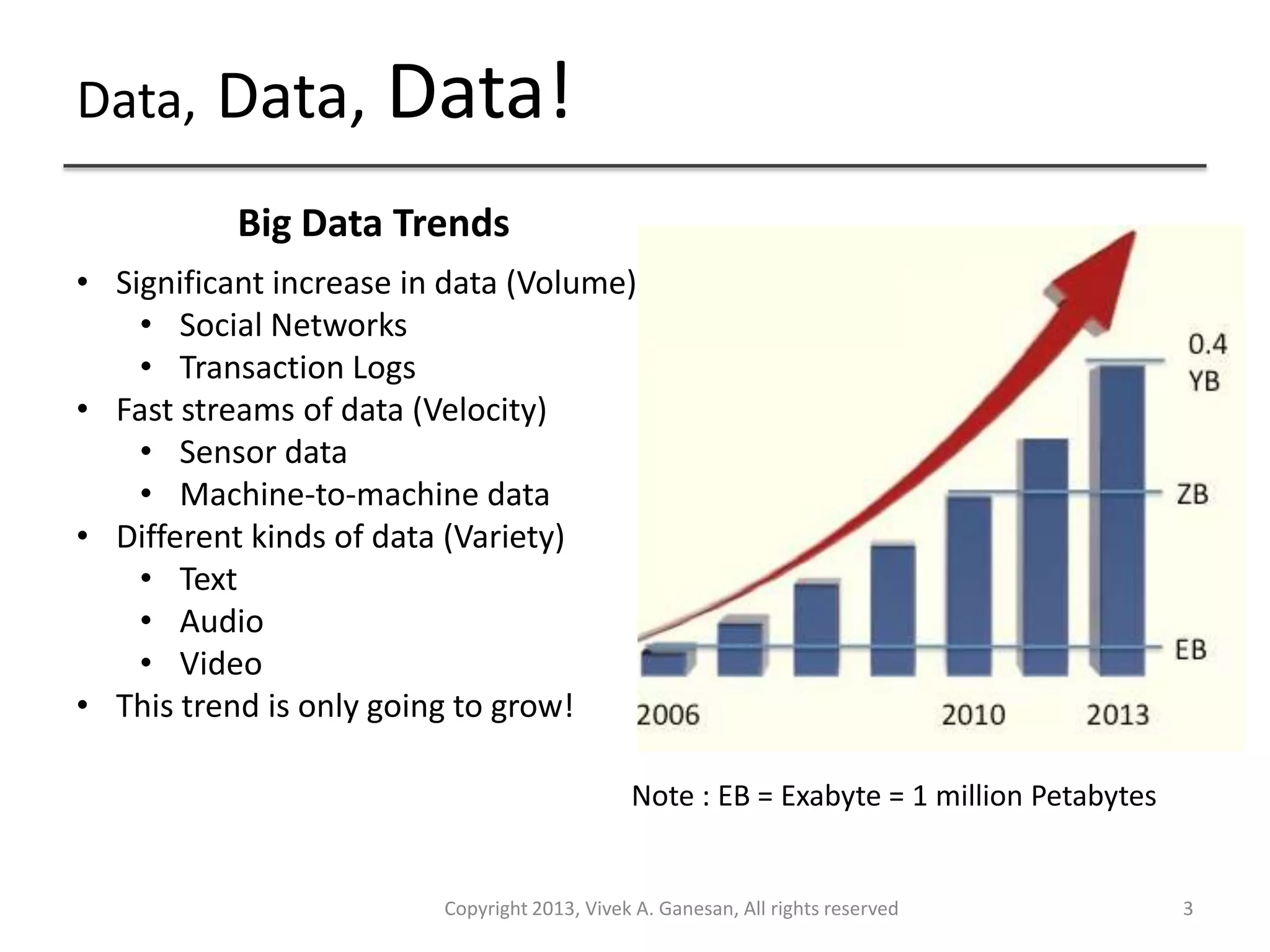 Data, Data, Data!
Copyright 2013, Vivek A. Ganesan, All rights reserved 3
• Significant increase in data (Volume)
• Social Networks
• Transaction Logs
• Fast streams of data (Velocity)
• Sensor data
• Machine-to-machine data
• Different kinds of data (Variety)
• Text
• Audio
• Video
• This trend is only going to grow!
Note : EB = Exabyte = 1 million Petabytes
Big Data Trends
 