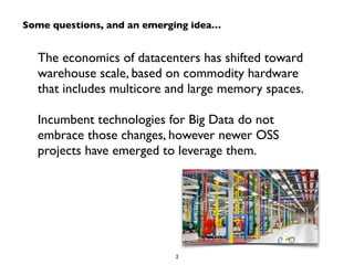 Some questions, and an emerging idea… 
The economics of datacenters has shifted toward 
warehouse scale, based on commodity hardware 
that includes multicore and large memory spaces. 
! 
Incumbent technologies for Big Data do not 
embrace those changes, however newer OSS 
projects have emerged to leverage them. 
2 
 