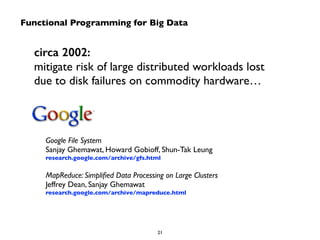 Functional Programming for Big Data 
circa 2002: 
mitigate risk of large distributed workloads lost 
due to disk failures on commodity hardware… 
Google File System 
Sanjay Ghemawat, Howard Gobioff, Shun-Tak Leung 
research.google.com/archive/gfs.html 
! 
MapReduce: Simplified Data Processing on Large Clusters 
Jeffrey Dean, Sanjay Ghemawat 
research.google.com/archive/mapreduce.html 
21 
 