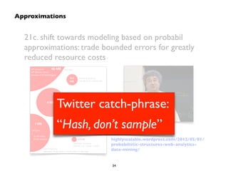 21c. shift towards modeling based on probabil 
approximations: trade bounded errors for greatly 
reduced resource costs 
Twitter catch-phrase: 
“Hash, don’t sample” 
highlyscalable.wordpress.com/2012/05/01/ 
probabilistic-structures-web-analytics-data- 
mining/ 
34 
Approximations 
 